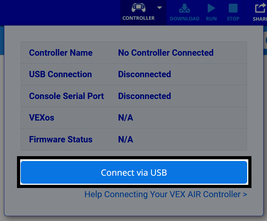 VEXcode AIR 控制器对话框的屏幕截图，底部的“通过 USB 连接”按钮已高亮显示。