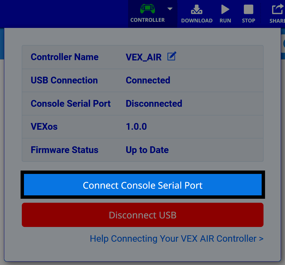VEX AIR 无人机状态面板，其中突出显示了“连接控制台串行端口”按钮。