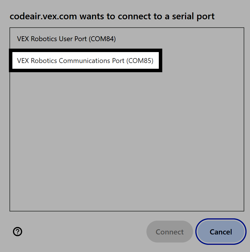 提示信息显示 codeair.vex.com 想要连接到串行端口，第二个选项“VEX Robotics 通信端口”被突出显示，指示应该选择哪个选项。