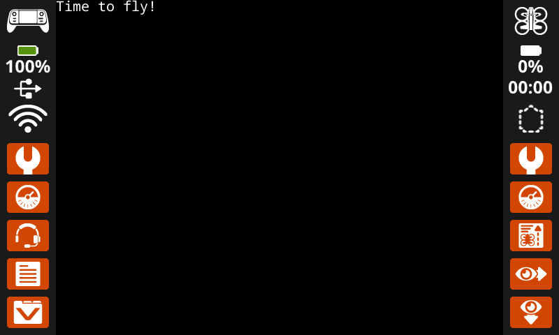 VEX AIR 无人机控制器屏幕的截图,左上角有白色文字显示“是时候飞行了!”