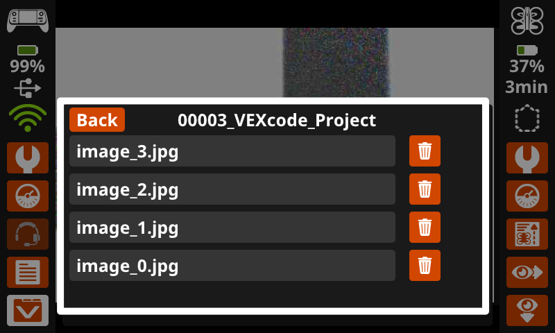 与上一张图相同，其中列出了 VEXcode 项目任务数据的文件。每个文件名右侧都有一个垃圾桶图标。