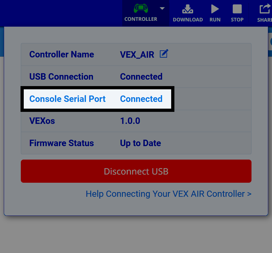 控制台串行端口连接状态显示已连接 VEX AIR 无人机。