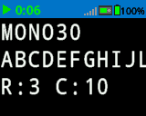 大脑的屏幕以 MONO 30 字体印刷数字和字母,显示 A 到 J。屏幕底部显示 R:3 C:10。