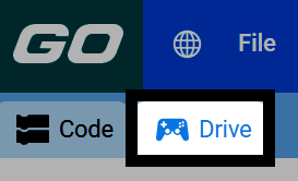 VEXcode GO 窗口的屏幕截图，其中“驱动”选项卡和“代码”选项卡旁边的“驱动”选项卡已突出显示。