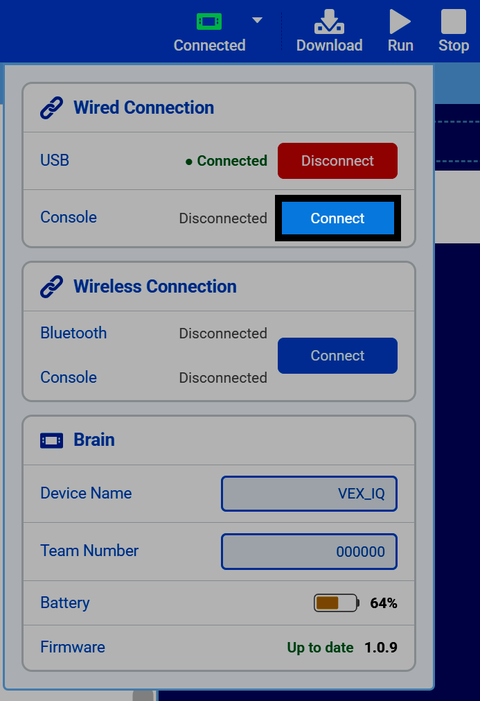 已连接 USB 的“连接”对话框截图，以及“有线连接”部分下的“控制台”连接按钮高亮显示。