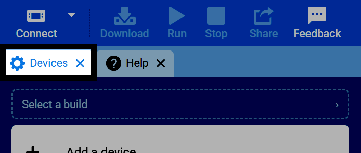 Screenshot of VEXcode's tab bar, with the Devices tab highlighted.
