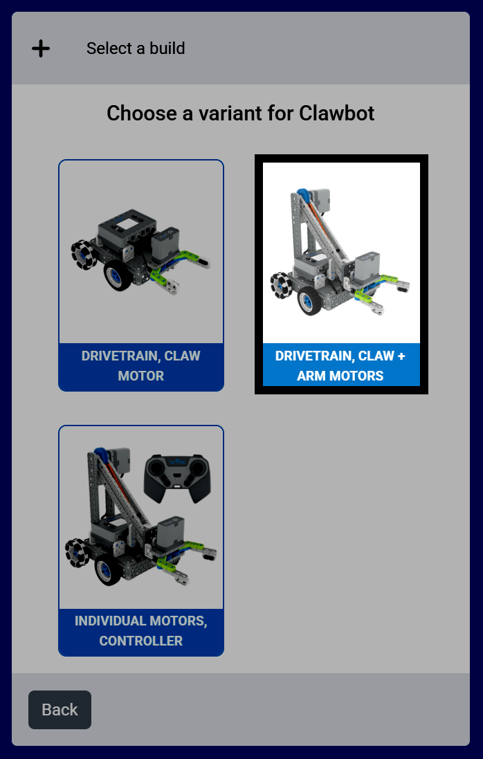 “选择 Clawbot 变体”屏幕的截图，其中“驱动系统、爪子 + 手臂电机”变体已突出显示。