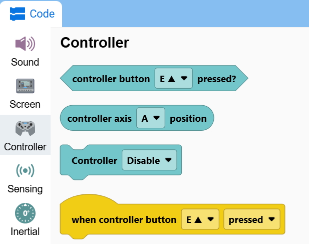 Screenshot of the toolbox with the Controller category open, showing the controller button pressed?, controller axis position, and Controller Disable blocks.