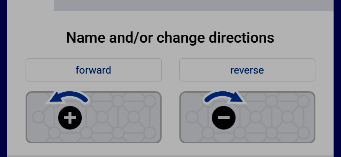 Screenshot of the Name and/or change directions screen for a Motor, showing forward and reverse direction options.