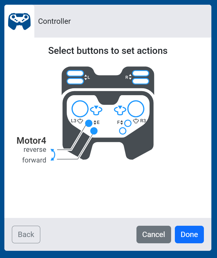 Screenshot of the Select buttons to set actions screen, showing the E up and down buttons set to control Motor4's forward and reverse directions.
