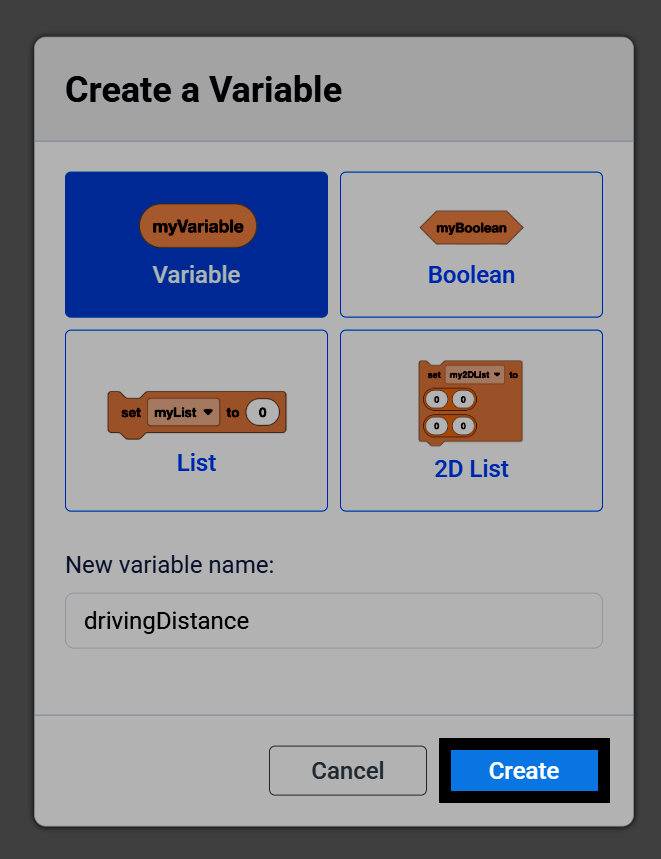 创建变量对话框的屏幕截图，其中变量名为 drivingDistance，并且“创建”按钮已突出显示。