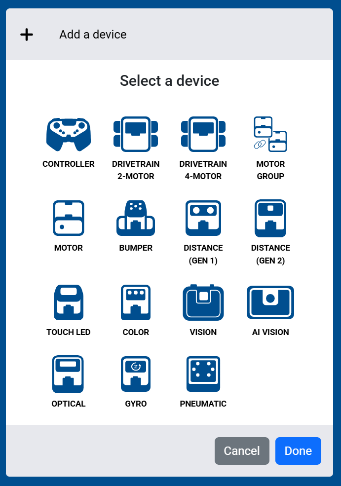 Screenshot of the Select a device screen, showing the available sensors.