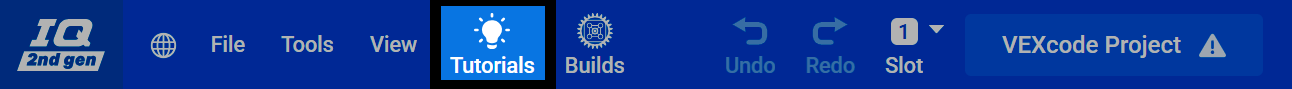 Screenshot of the VEXcode toolbar, with the Tutorials button highlighted.
