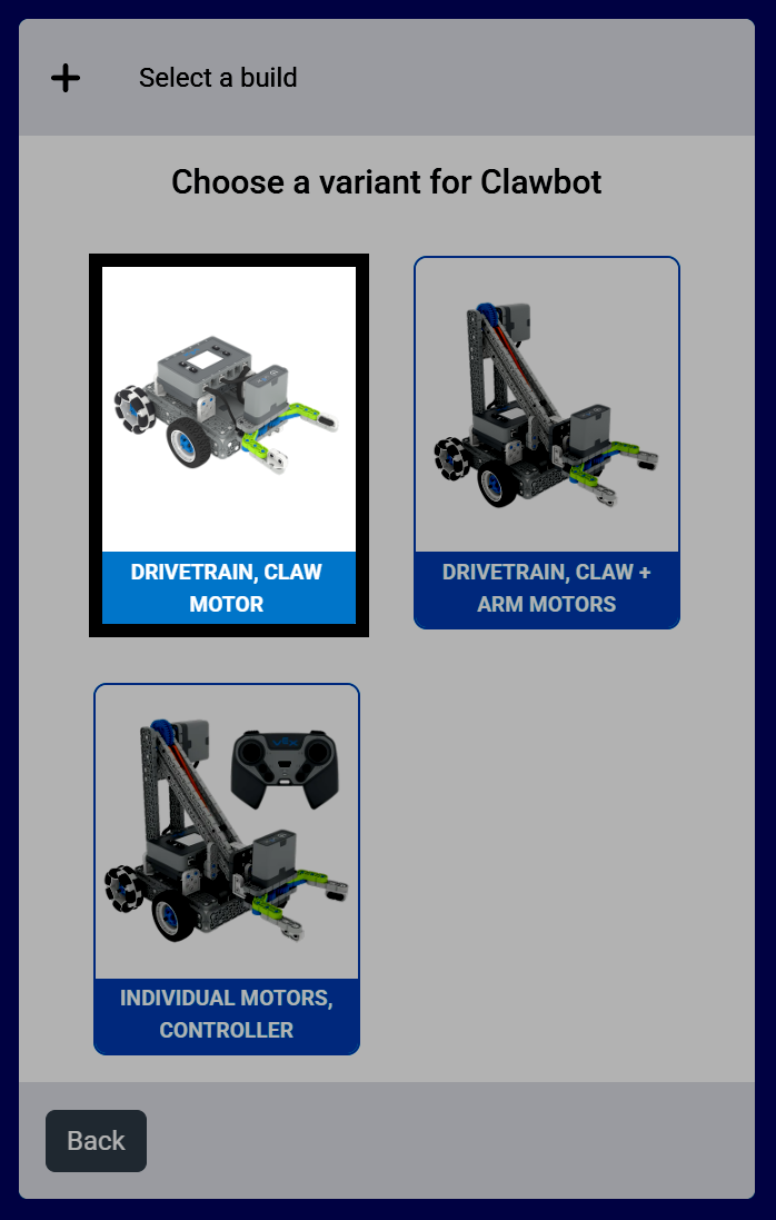 “选择 Clawbot 的变体”屏幕截图，其中“驱动系统，爪电机”变体已突出显示。
