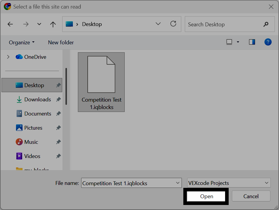 Windows 文件选择器的屏幕截图，其中已选中项目文件并高亮显示“打开”按钮。