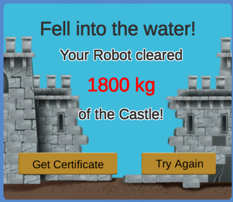 VEXcode VR Castle Crasher plus 游乐场证书,显示机器人将重达 1800 公斤的城堡推下游乐场后落入水中。