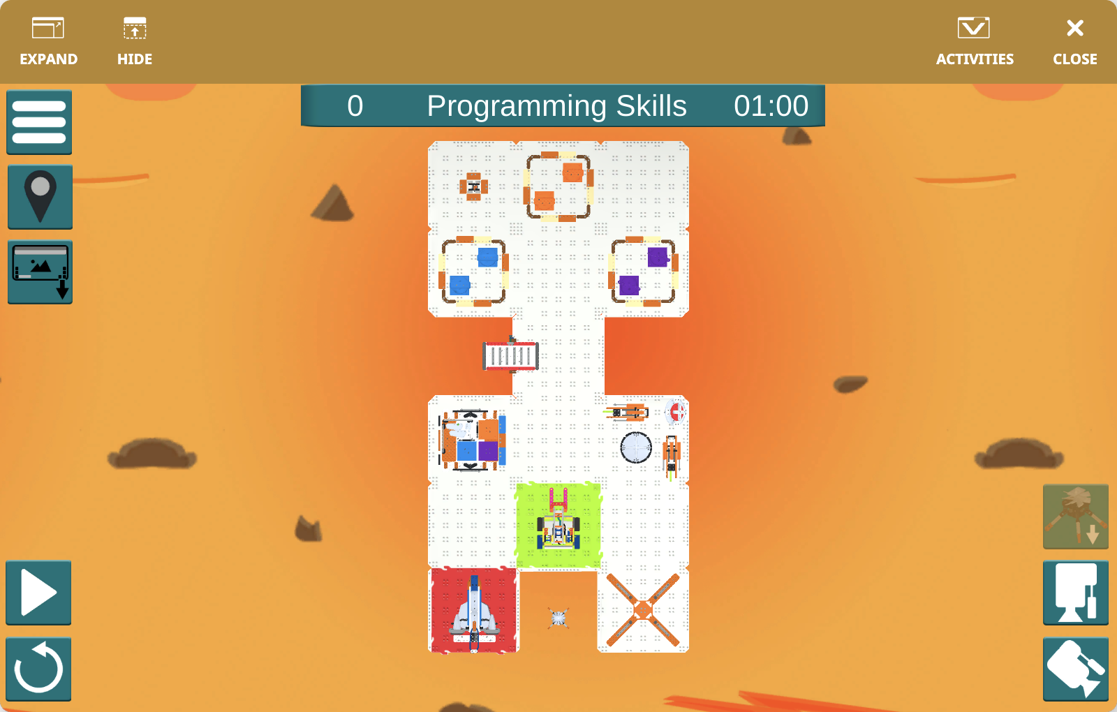 VEXcode VR Playground 窗口显示了 GO Competition - 火星数学探险 Playground。图中展示了 GO Competition Advanced 2.0 机器人完成分阶段火星挑战任务的过程。