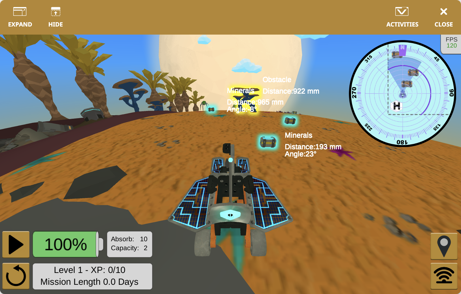 VEXcode VR Playground 窗口，显示 Rover Rescue Playground。图中展示了 VR Rover 探索外星环境、收集矿物、躲避敌人并维持 Rover 生存的过程。