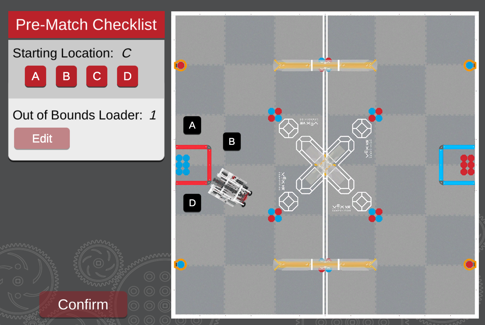 VEX 机器人比赛场地,显示可选的起始位置 A、B、C 和 D,机器人位于位置 C 附近,左侧是检查清单界面。