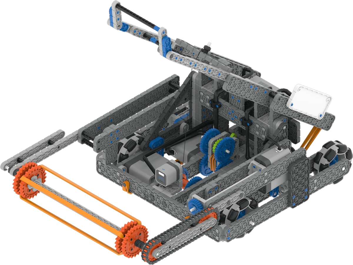 VEXcode VR 机器人窗口，显示 Swish 机器人。图中显示机器人使用进料臂和弹射臂收集并发射球。
