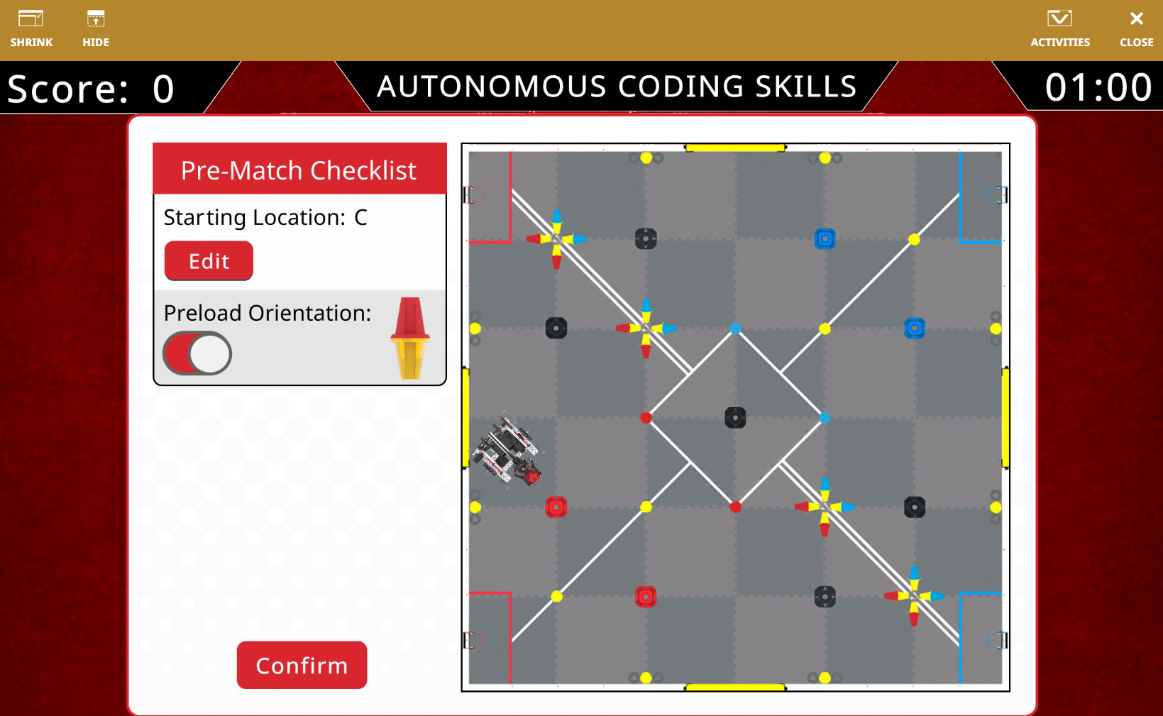 VEXcode VR Playground 窗口显示 V5 26-27 Override Playground。图中显示了 V5 26-27 Virtual Skills 字段中的 Flex 机器人。
