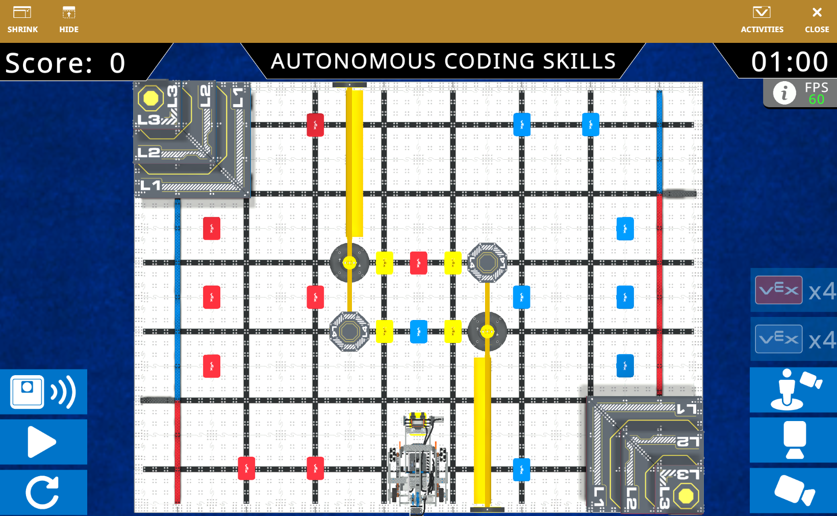 VEXcode VR Playground 窗口显示 IQ 26-27 Level Up Playground。图中显示了 IQ 26-27 Virtual Skills 区域中的 Flop Robot。