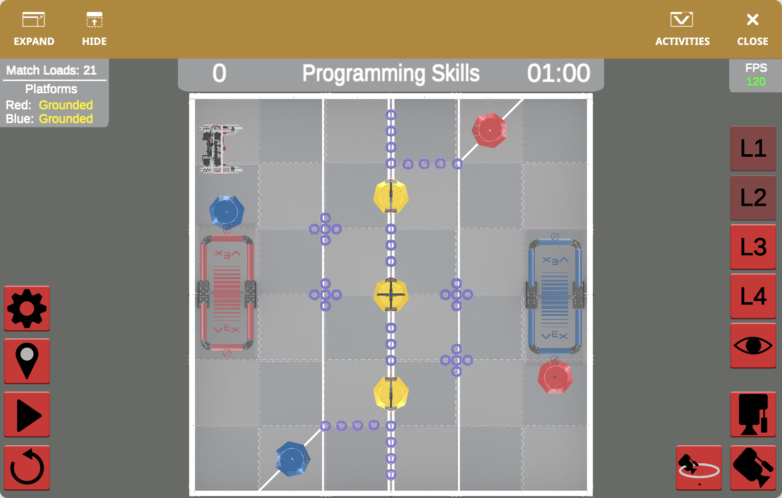 VEXcode VR Playground 窗口显示 V5 21-22 Tipping Point Playground。图中显示 Moby 机器人在 V5 21-22 虚拟技能区中得分，包括移动目标、圆环和平台高度。